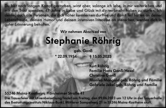 Traueranzeige von Stephanie Röhrig von Allgemeine Zeitung Mainz