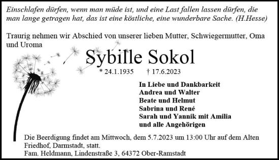 Traueranzeige von Sybille Sokol von Darmstädter Echo