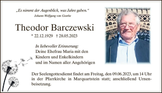 Traueranzeige von Theodor Barczewski von Allgemeine Zeitung Bingen/Ingelheim