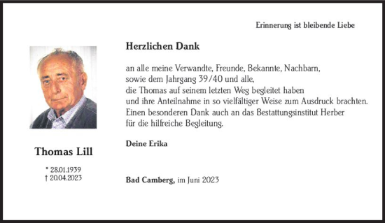 Traueranzeige von Thomas Lill von Camberger Anzeiger