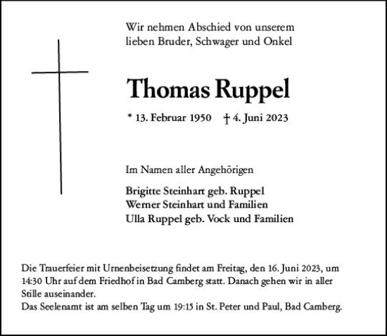Traueranzeige von Thomas Ruppel von Camberger Anzeiger