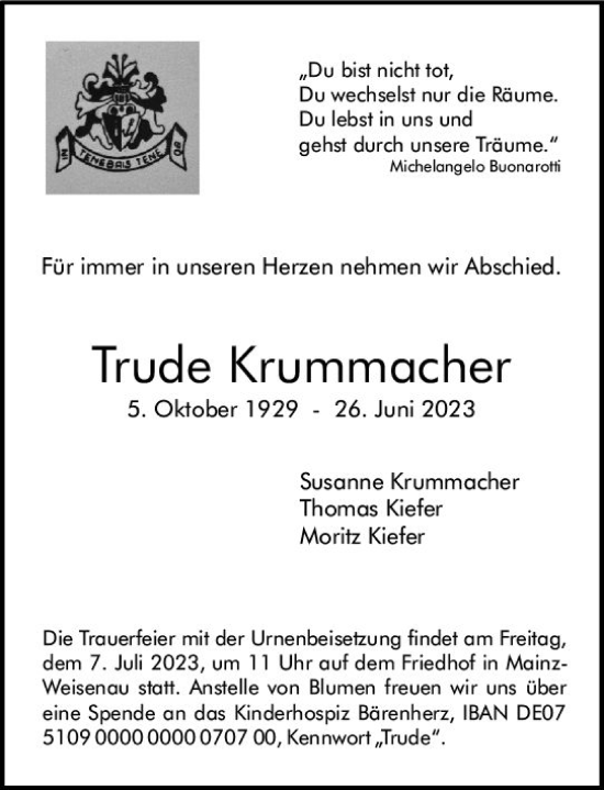 Traueranzeige von Trude Krummacher von Allgemeine Zeitung Mainz