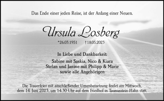 Traueranzeige von Ursula Losberg von Wiesbadener Kurier