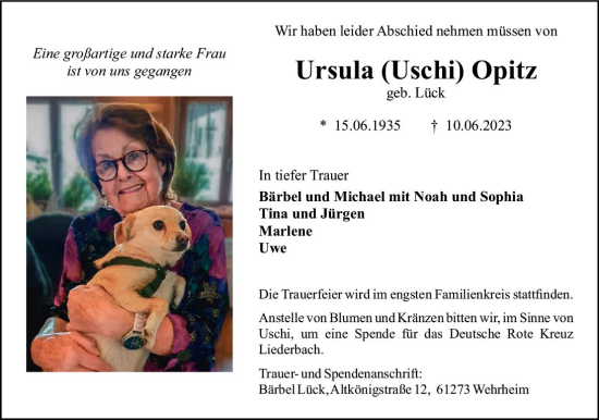 Traueranzeige von Ursula  Opitz von Allgemeine Zeitung Mainz