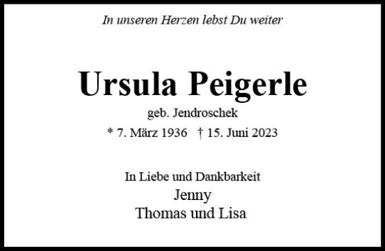 Traueranzeige von Ursula Peigerle von Wiesbadener Kurier