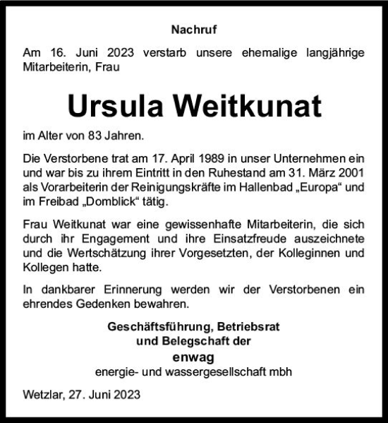 Traueranzeige von Ursula Weitkunat von Wetzlarer Neue Zeitung