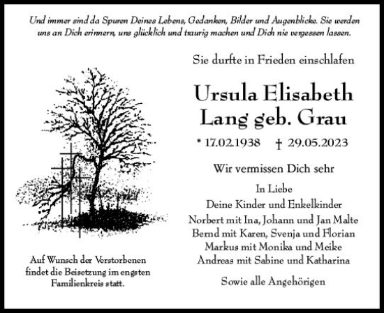Traueranzeige von Ursula Elisabeth Lang von Allgemeine Zeitung Mainz