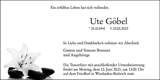 Traueranzeige von Ute Göbel von Wiesbadener Kurier
