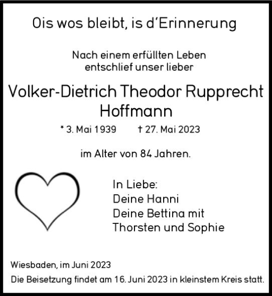 Traueranzeige von Volker-Dietrich Theodor Rupprecht Hoffmann von Wiesbadener Kurier