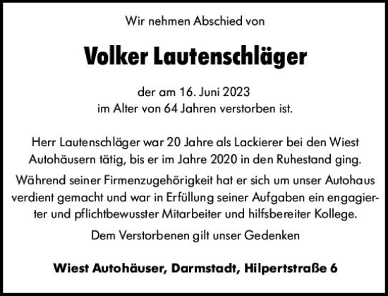 Traueranzeige von Volker Lautenschläger von Darmstädter Echo