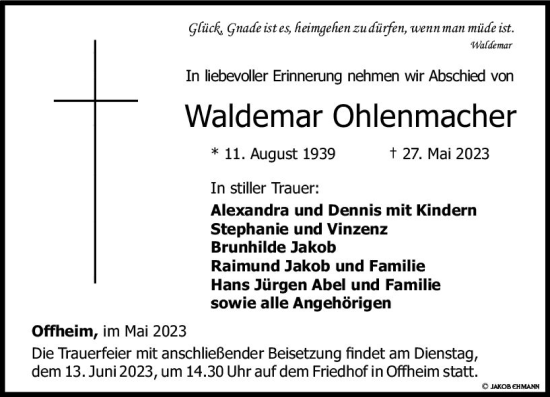 Traueranzeige von Waldemar Ohlenmacher von Nassauische Neue Presse