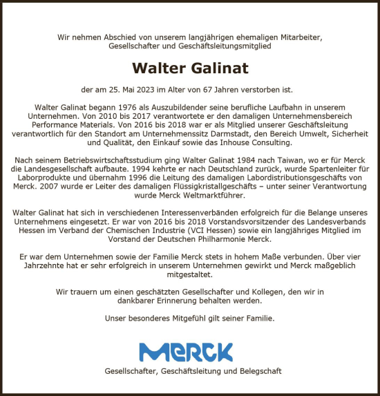Traueranzeige von Walter Galinat von Darmstädter Echo