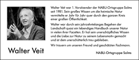 Traueranzeige von Walter Veit von Wetzlarer Neue Zeitung