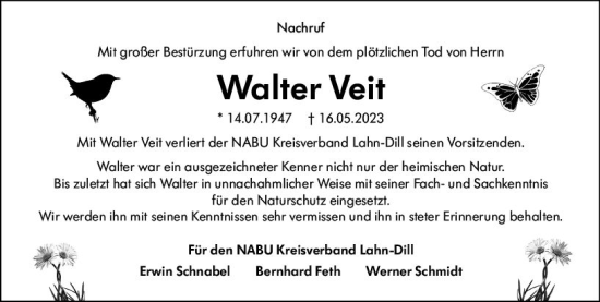 Traueranzeige von Walter Veit von Dill Block