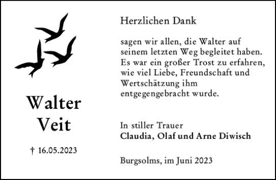 Traueranzeige von Walter Veit von Wetzlarer Neue Zeitung