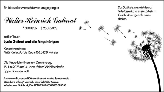 Traueranzeige von Walter Heinrich Galinat von Darmstädter Echo