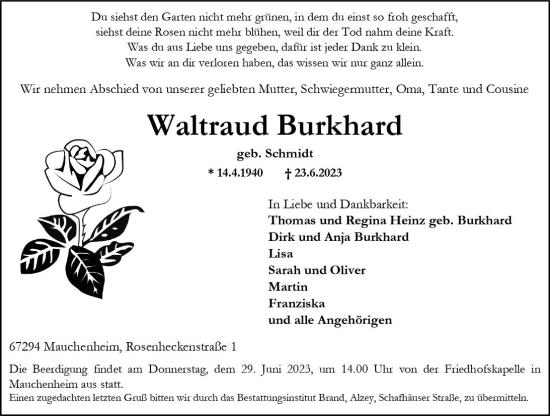 Traueranzeige von Waltraud Burkhard von Allgemeine Zeitung Alzey
