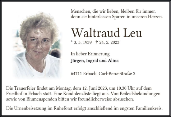 Traueranzeige von Waltraud Leu von Odenwälder Echo
