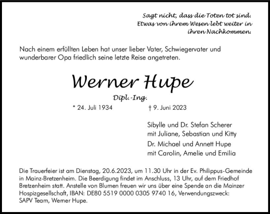 Traueranzeige von Werner Hupe von Allgemeine Zeitung Mainz