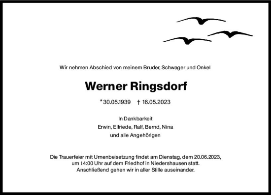 Traueranzeige von Werner Ringsdorf von Weilburger Tageblatt