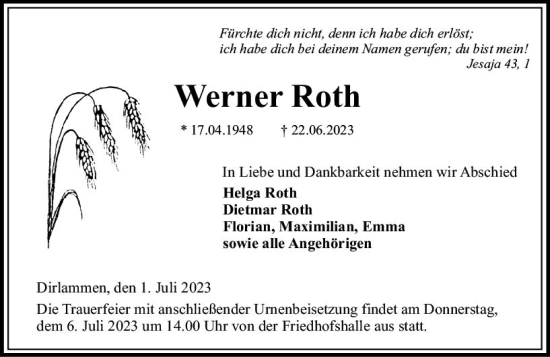 Traueranzeige von Werner Roth von VRM Trauer