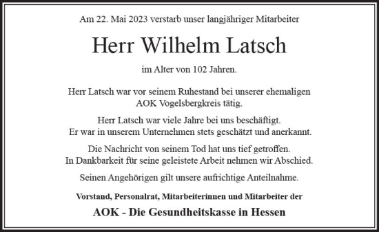 Traueranzeige von Wilhelm Latsch von VRM Trauer