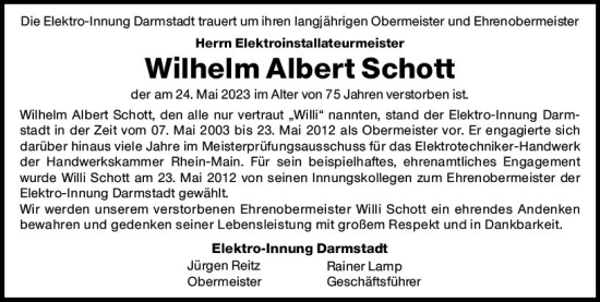 Traueranzeige von Wilhelm Albert Schott von Darmstädter Echo