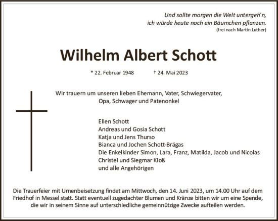 Traueranzeige von Wilhelm Albert Schott von Darmstädter Echo