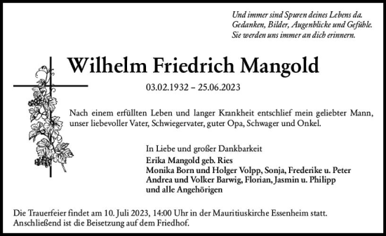 Traueranzeige von Wilhelm Friedrich Mangold von Allgemeine Zeitung Mainz