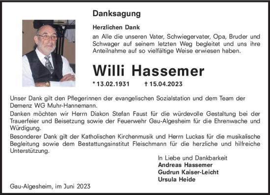 Traueranzeige von Willi Hassemer von Allgemeine Zeitung Bingen/Ingelheim