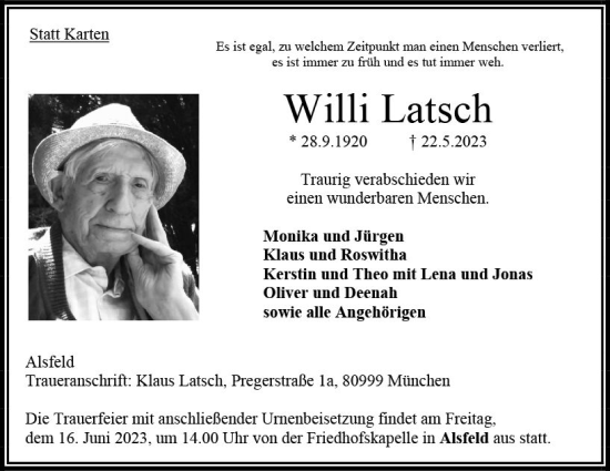 Traueranzeige von Willi Latsch von VRM Trauer