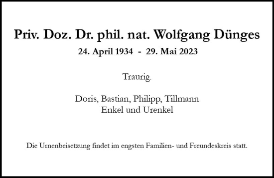Traueranzeige von Wolfgang Dünges von Allgemeine Zeitung Mainz