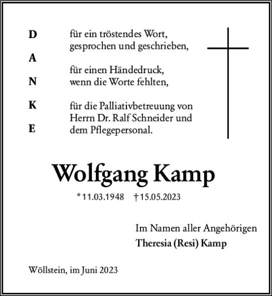 Traueranzeige von Wolfgang Kamp von Allgemeine Zeitung Alzey