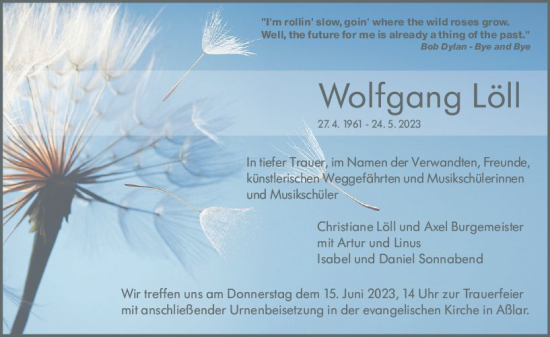 Traueranzeige von Wolfgang Löll von Wetzlarer Neue Zeitung