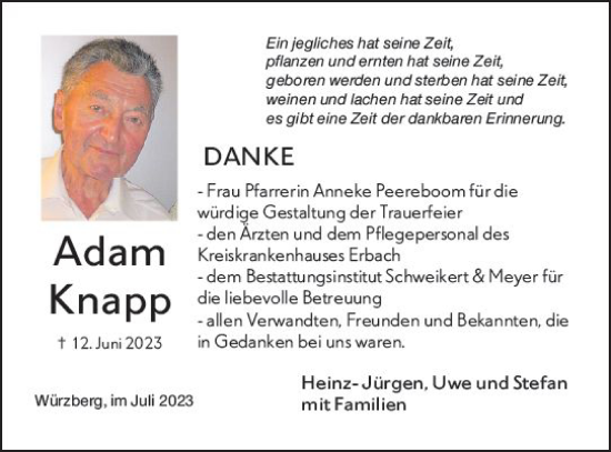 Traueranzeige von Adam Knapp von Odenwälder Echo
