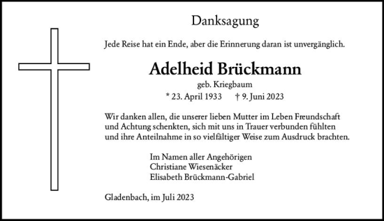 Traueranzeige von Adelheid Brückmann von Hinterländer Anzeiger