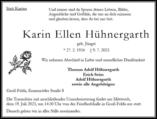 Traueranzeige von Adolf Hühnergarth von Oberhessen Kurier