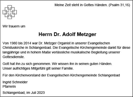 Traueranzeige von Adolf Metzger von Wiesbadener Kurier