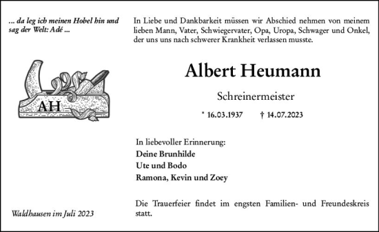 Traueranzeige von Albert Heumann von Weilburger Tageblatt