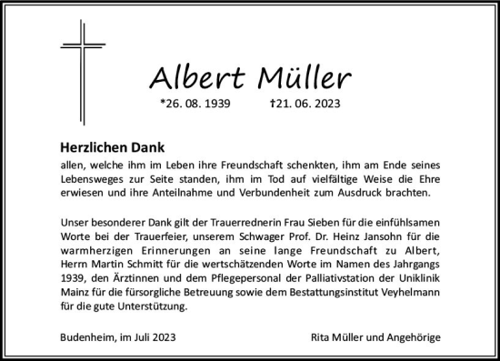 Traueranzeige von Albert Müller von Allgemeine Zeitung Mainz