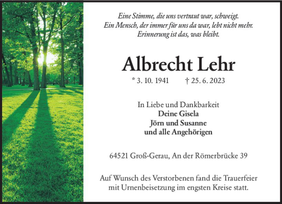 Traueranzeige von Albrecht Lehr von Groß-Gerauer Echo