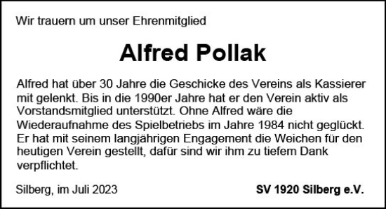Traueranzeige von Alfred Pollak von Hinterländer Anzeiger