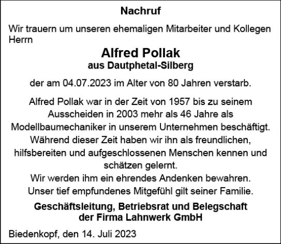 Traueranzeige von Alfred Pollak von Hinterländer Anzeiger