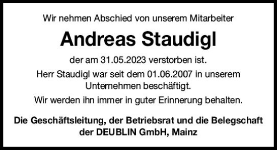 Traueranzeige von Andreas Staudigl von Wiesbadener Kurier
