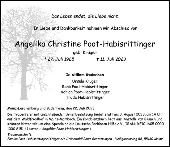 Traueranzeige von Angelika Christine Poot-Habisrittinger von Allgemeine Zeitung Mainz
