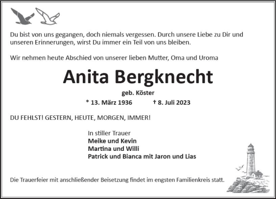 Traueranzeige von Anita Bergknecht von Wiesbadener Kurier