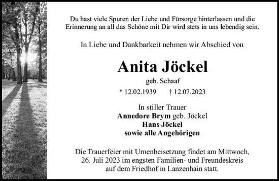 Traueranzeige von Anita Jöckel von VRM Trauer