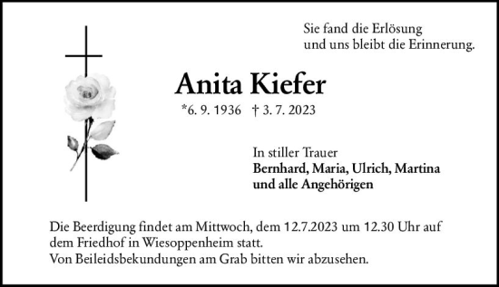 Traueranzeige von Anita Kiefer von Wormser Zeitung
