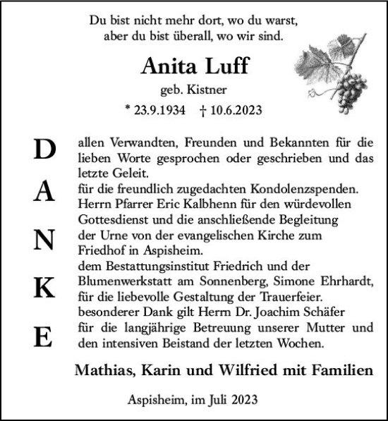 Traueranzeige von Anita Luff von Allgemeine Zeitung Bad Kreuznach