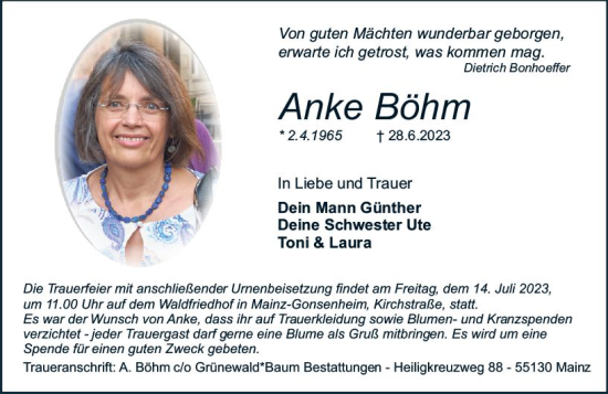 Traueranzeige von Anke Böhm von Allgemeine Zeitung Mainz